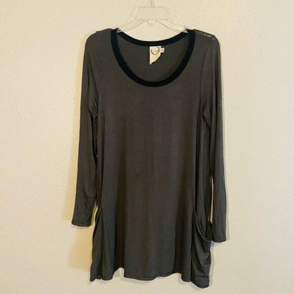 Sea Gypsies Long Sleeve Tunic Dress Olive Green Striped with Pockets Sz. Small - Picture 2 of 10